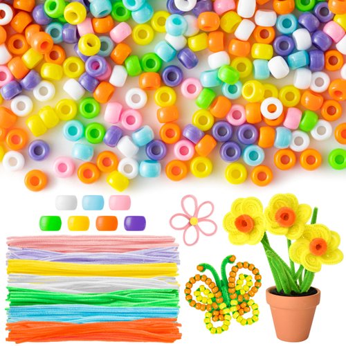 1500Pcs Spring Pony Beads with 100Pcs Chenille Stem Pipe Cleaner Multi-color Craft Bead with Fuzzy Crafting Pipe Kit Plastic Perforated Spacer Beads Set for Spring DIY Crafts Jewelry Making Supplies