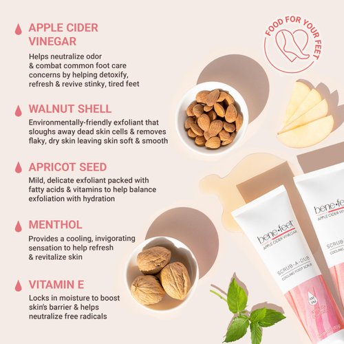 Benefeet Scrub-A-Dub Cooling Foot Scrub - Exfoliates + Refreshes Dry + Dull Skin, Get Smoother Skin from Heel to Toe, Made w/Vitamin E, Apple Cider Vinegar, Walnut Shell + Apricot Seed, 4 oz (2 Pack)