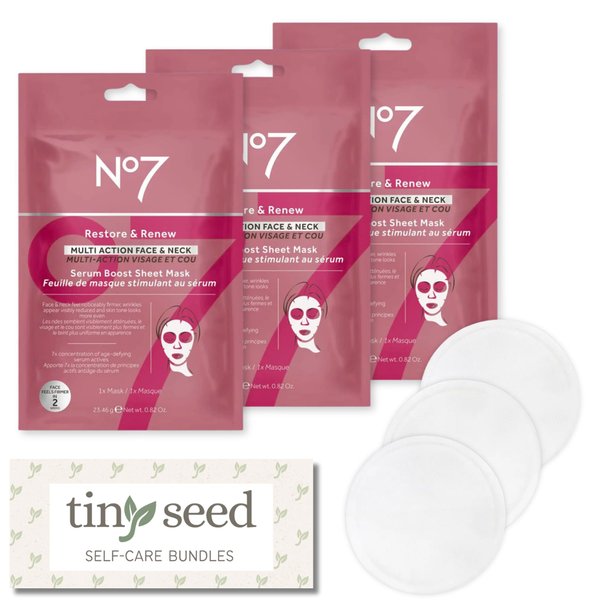 3-Pack of No7 Restore and Renew Face and Neck Serum Face Sheet Masks. Anti-Aging, Brightening, Hydrating Sheet Mask Set by No 7. Plus Bonus Set of Bamboo/Cotton Makeup Remover Pads