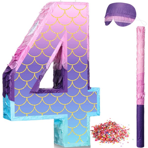 Shappy 16 Inch Mermaid Piñata Purple Number Birthday Piñata Birthday Party with Stick Blindfold Confetti for Birthday Anniversary Celebration Decoration Supplies(Number 4)