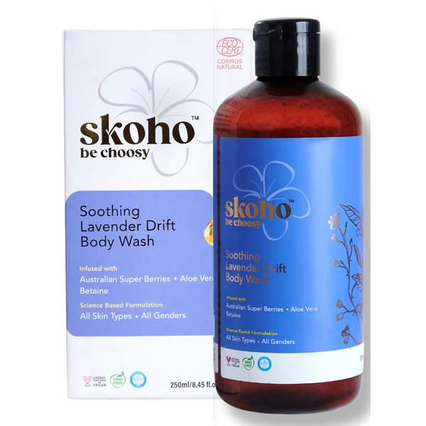SKOHO 98.046% Natural Refreshing Bodywash | Gentle Cleansing & Moisturizing | COSMOS Certified with Aloe Vera & Super Berries | Paraben & Sulphate Free| 250 ml (Pack of 1)