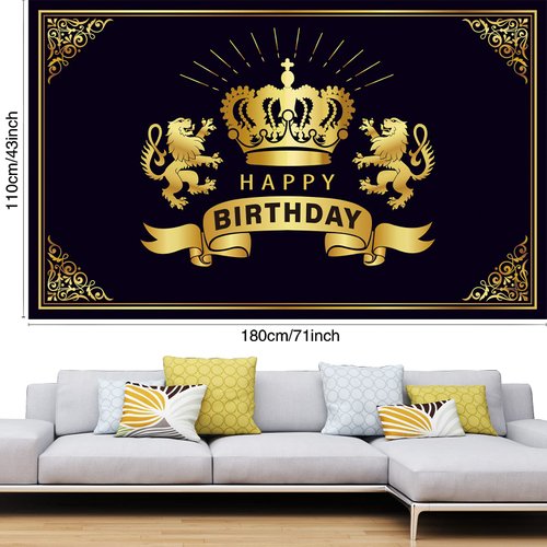 Crown Happy Birthday Backdrop, Black & Gold Birthday Party Decorations, Golden Lion King Party Supplies Birthday Banner, Photo Backdrop Photography Background for Men, 71 x 43 Inches