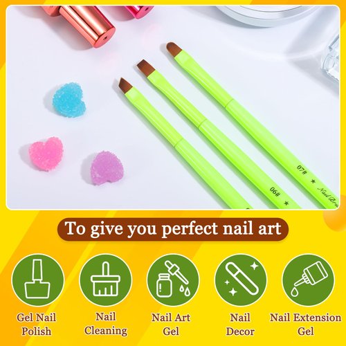 Fluorescent Green Nail Art Clean Up Brushes for Cleaning Polish Mistakes on the Cuticles, Acetone Resistant Nail Brushes, and Fingernail Cleaning Brushes for Nail Art and Designs (Round&flat&Bevel)