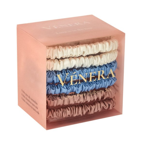 Vénera Silk Scrunchies - 100% Pure 22 Momme Mulberry Silk Hair Ties (Blue-White-Pink)
