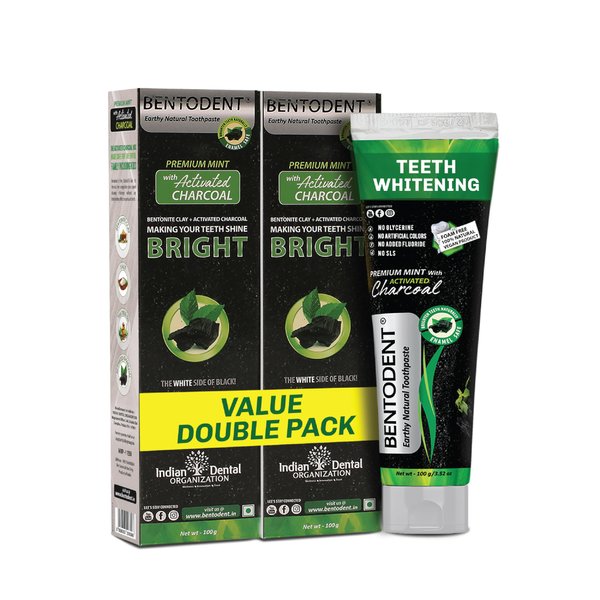 BENTODENT Teeth Whitening Bentonite Clay & Charcoal Toothpaste - Natural Teeth Whitening Charcoal toothpaste, No SLS & Fluoride free toothpaste, Vegan (Activated Charcoal Mint Combo)