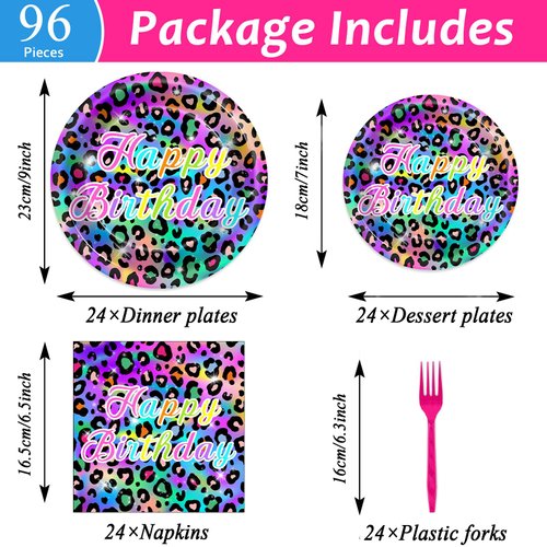 96Pcs Cheetah Print Birthday Party Plates and Napkins Neon Rainbow Leopard Birthday Themed Party Decorations Cheetah Girl's Sparkly Splatter Tableware Set for 24 Guests Baby Shower Birthday Supplies