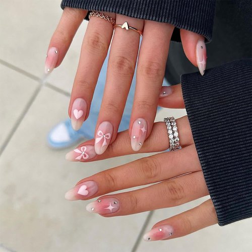 24 Pcs Almond Press on Nails Medium Thick Fake Nails with Solid Color Glossy Full Cover False Nails with Bow Love Heart Designs Cute Nails Press ons Rhinestone Glue on Nails for Women (Pink Kit)