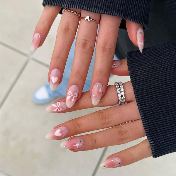 24 Pcs Almond Press on Nails Medium Thick Fake Nails with Solid Color Glossy Full Cover False Nails with Bow Love Heart Designs Cute Nails Press ons Rhinestone Glue on Nails for Women (Pink Kit)