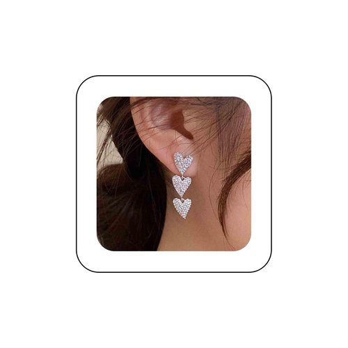 Sttiafay Vintage Heart Drop Earrings Long Heart Dangle Earrings Triple Heart Stud Earrings Silver Love Heart Earrings Jewelry for Women and Girls