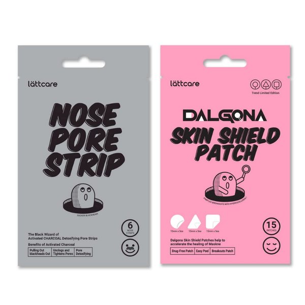 lattcare Charcoal Nose Pore Strips 6Ct + Dalgona Skin Shield Patches 15Ct | Duo Pack | Blackheads Remover | Blackheads Remover | Pimple Patches | Hydrocolloid Acne Patches | 2 Items of 1 Pack