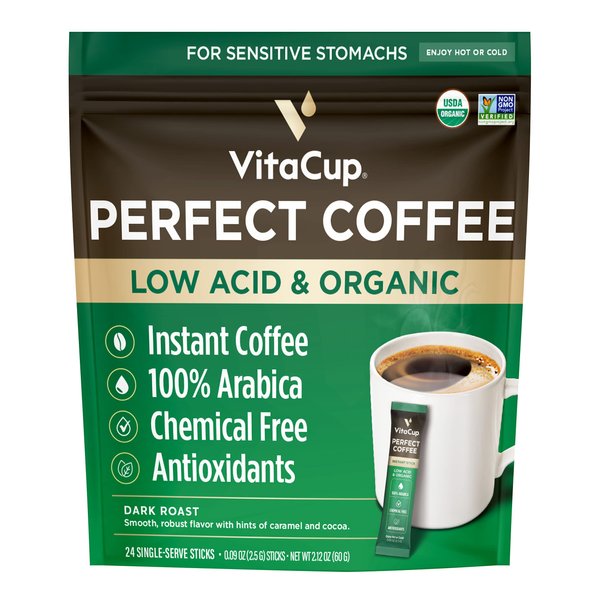 VitaCup Perfect Low Acid Instant Coffee Packets, Dark Roast Coffee, USDA Organic & Fair Trade, Third Party Tested for Mycotoxins & Pesticides, Single Origin, Clean & Pure, 24 ct