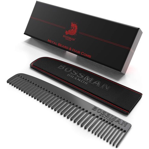 Bossman Metal Comb for Men - Hair and Beard Comb - Accessories for Men's Mustache, Beard and Hair Care with Leather Pocket Case (Black)