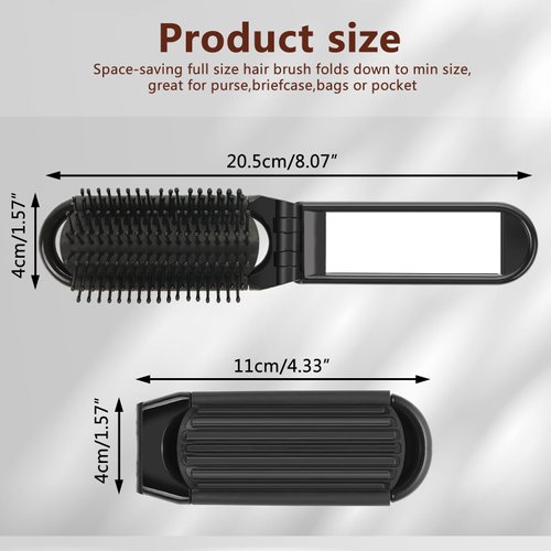 TOSAMZOO 3PCS Folding Travel Hair Brush with Mirror, Mini Comb/Wet Brushes, Compact Purse Pocket Hair Massage Combor for Women and Girls (Black)