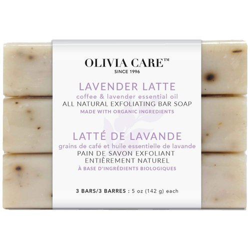 Olivia Care Exfoliating Bar Soap Lavender Latte 3 Pack Natural, Organic. Infused with Coffee Bean & Lavender Essential Oil - 3 X 5 OZ
