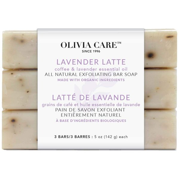 Olivia Care Exfoliating Bar Soap Lavender Latte 3 Pack Natural, Organic. Infused with Coffee Bean & Lavender Essential Oil - 3 X 5 OZ