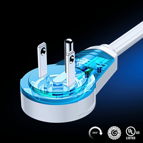 Maximm Cable 2 Ft 360° Rotating Flat Plug Extension Cord/Wire, 16 AWG Multi 3 Outlet Extension Wire, 3 Prong Grounded Wire - White - UL Certified