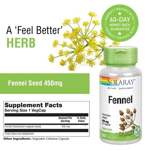 SOLARAY Fennel Seed 450mg | May Help Support Healthy Digestion, Fresh Breath, Respiratory Function | Non-GMO | Vegan | Lab Verified | 100 VegCaps