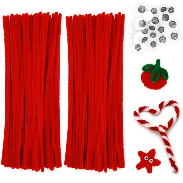 Cldamecy 200 Pieces Pipe Cleaners Set with 20 pcs Googly Eyes,Red Chenille Stems Pipe Cleaners Supplies for DIY Craft Projects and Decorations