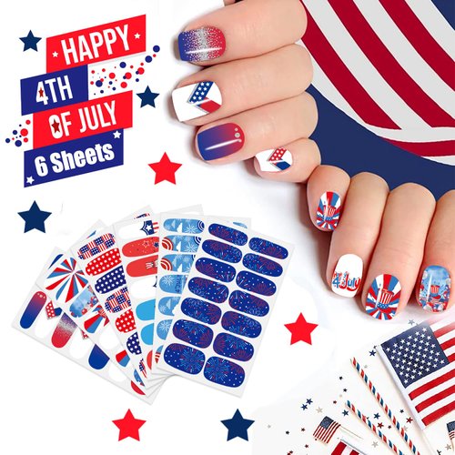 JERCLITY 6 Sheets 4th of July Nail Wraps for Women Independence Day Nail Polish Strips Patriotic Nail Strips Self-Adhesive Nail Stickers with Nail File for Memorial Day（4th of July-c）