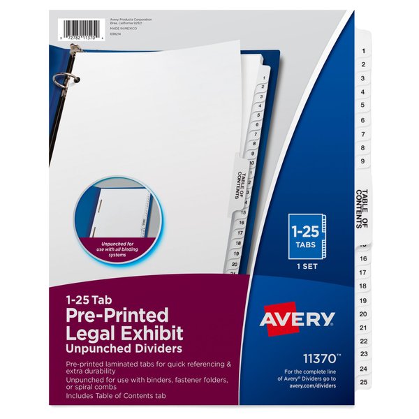 Avery Premium Collated Legal Exhibit Divider Set, Avery Style, 1-25 and Table of Contents, Side Tab, 8.5 x 11 Inches, 1 Set (11370)