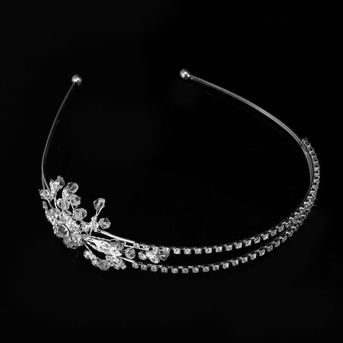 Bridal Tiara Headband Silver Crystal Double Band With Side Floral Detail