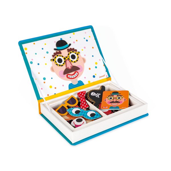 Janod Magnetibook 83 Pc Magnetic Boy Crazy Face Dress Up Game for Imagination Play - Book Shaped Travel/Storage Case Included - S.T.E.M. Toy for Ages 3+