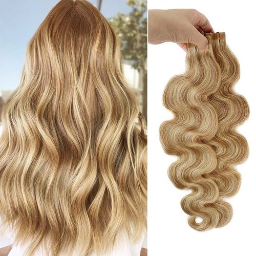 Curly Long Body Wave Tape in Hair Extensions #27 Strawberry Blonde with #613 Blonde Highlights 24" Wavy 70grams/20pcs Seamless Soft Silky Weft Human Hair Extensions…