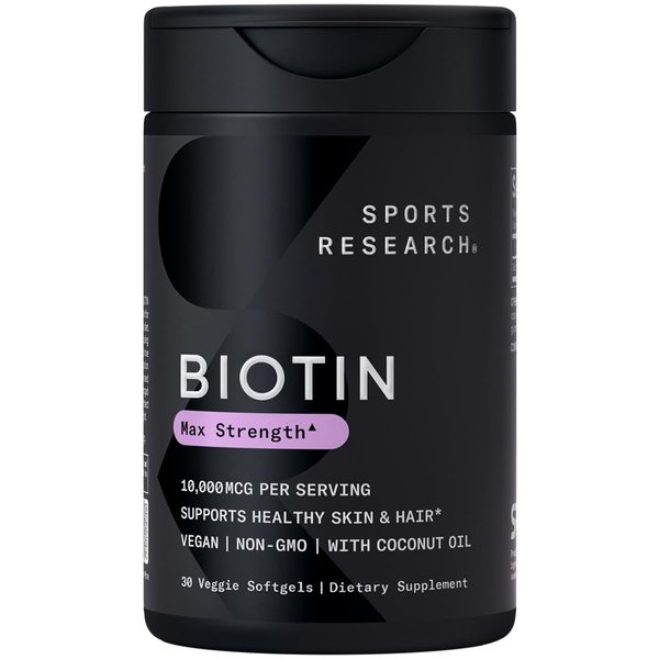 Sports Research Vegan Biotin 10,000mcg with Organic Coconut Oil - Max Strength Biotin Vitamin B7 for Healthier Hair & Skin and Keratin Support - Non-GMO & Gluten Free, 30 Softgels