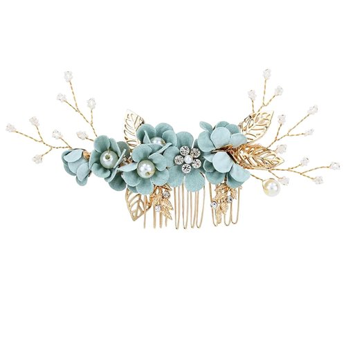 Wedding Hair Combs, Crystal Flwoer Hair Clips Bride Bridesmaid Hair Sides Comb Rhinestone Barrettes, Pearl Flower Hair Pins Hair Accessories for Women Girls (Green)