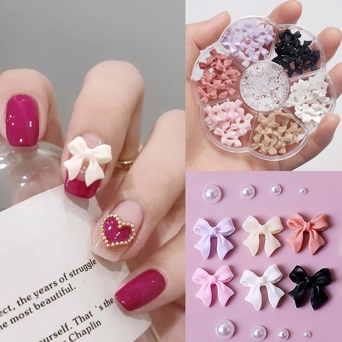 3D Bow Nail Charms, 6 Colors 3D Acrylic Colorful Bow-Knot Nail Art Rhinestones Pink White Black Purple Bow Nail Stud Acrylic Nail Supplies with Pearls Manicure DIY Nail Decorations