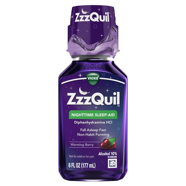 ZzzQuil, Nighttime Sleep Aid Liquid, 50 mg Diphenhydramine HCl, No.1 Sleep Aid Brand, Fall Asleep Fast, Non-Habit Forming, Warming Berry Flavor, 6 FL OZ