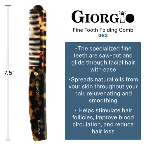 Giorgio G82 4 Inch Handmade Folding Pocket Comb for Men, Fine Tooth Hair Comb Straightener for Everyday Grooming Styling Hair, Beard or Mustache, Use Dry or with Balms, Saw Cut Hand Polished
