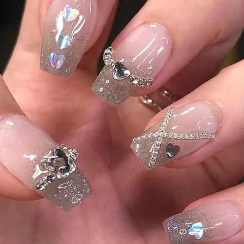 Hkanlre Bling Square Press on Nails Rhinestoens Fake Nails Silver Tips Full Cover Medium False Nails for Women and Girls 24PCS