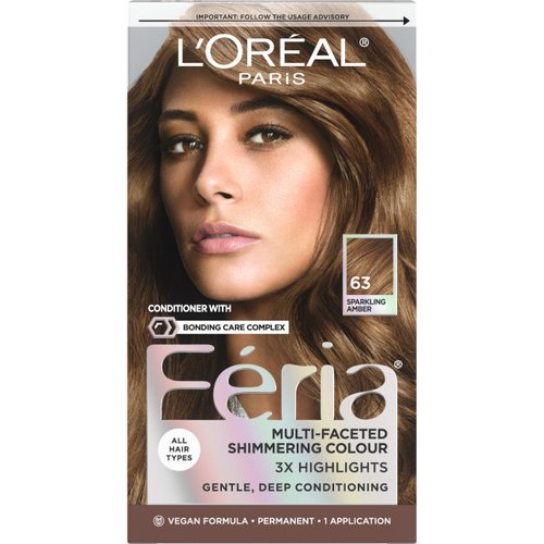 L'Oreal Paris Feria Multi-Faceted Shimmering Permanent Hair Color, 63 Sparkling Amber (Light Golden Brown), Pack of 1, Hair Dye