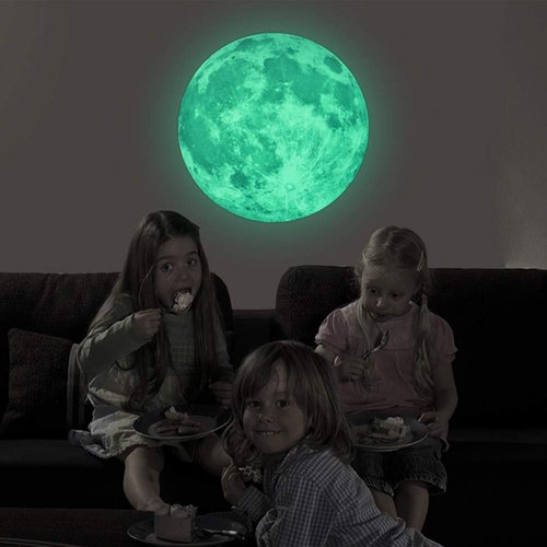 Glow in The Dark Moon Wall Decals 30cm Luminous Art Sticker at Night, Removable Adhesive Wall Decal for Kids Boy and Girl Bedroom