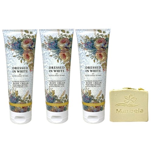 Bath & Body Works Dressed In White 3 Pack Ultimate Hydration Body Cream Bundle with a Wild Jasmine Bar Soap - Full Size
