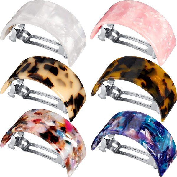 6 Pieces French Hair Barrettes Clip for Women Rectangle Ponytail Hair Barrette Semi Circle Spring Ponytail Tortoise Shell Hair Clip for Women Girl Ladies, Automatic Hair Clip Snap (Elegant Pattern)