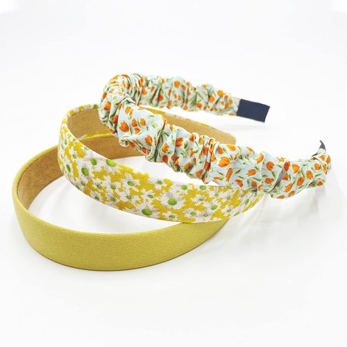 MEFINESHOW 7PK Different Fashion Headbands for Women,Non Slip Flower Headband,Cute Pearl Headbands for Girls,Vintage Wide Headband for Women,Bandana Hair Accessories Set (Yellow)