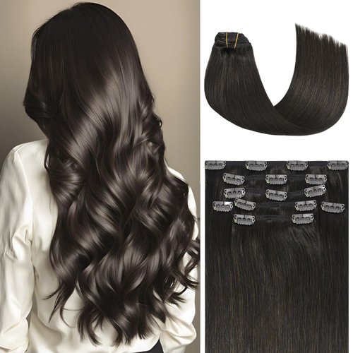 Honsoo Brown Hair Extensions Clip in Human Hair, Dark Brown 70g 7pcs 12Inch Real Human Hair Soft Thick Human Hair Extensios No Shedding