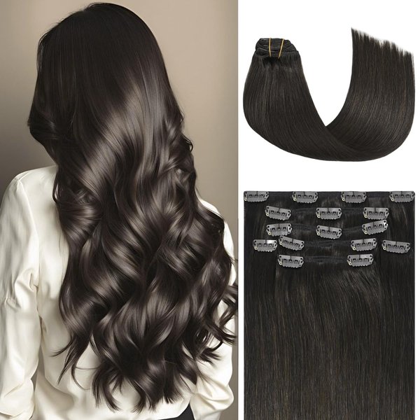 Honsoo Brown Hair Extensions Clip in Human Hair, Dark Brown 70g 7pcs 12Inch Real Human Hair Soft Thick Human Hair Extensios No Shedding