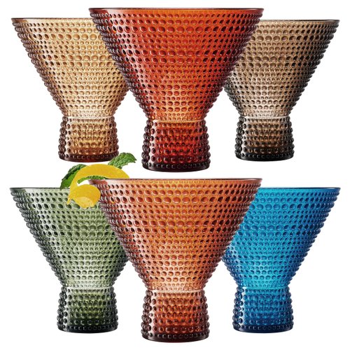 Classic Reusable Plastic Martini Drinking Glasses, Hobnail Design, Shatterproof | 6 Set | Color, Tritan, Acrylic Unbreakable Beaded Cups, Dishwasher Safe 9oz, Kitchen Cups, BPA-free, Indoor, Outdoor