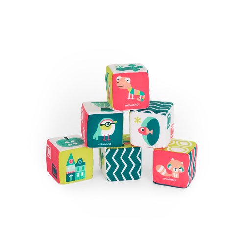 Miniland Feel to Learn Soft Rattle Cubes Set for Infant and Toddlers. Stackable Soft subes with Multicolored Designs.