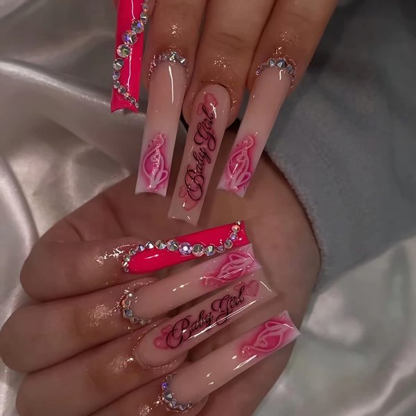 Valentine's Day Press on Nails Long Coffin Fake Nails with Rhinestones Red Heart English Design False Nails Square Acrylic Nails Decorations Full Cover Glue on Nails Stick on Nails for Women Girls