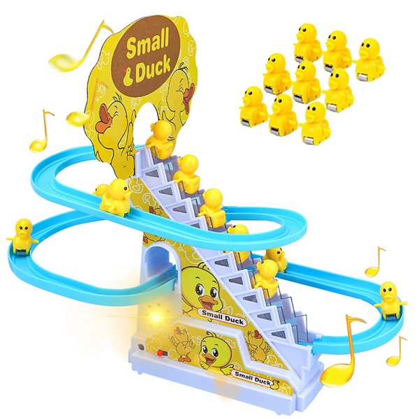 IFASHIHOME Small Duck Climbing Stairs Toy,Electric Duck Roller Coaster Toy Set,with LED Flashing Lights & Music,Duck Track Slide Toy Birthday Gift for Kids,Age 3（9Pcs Ducks）
