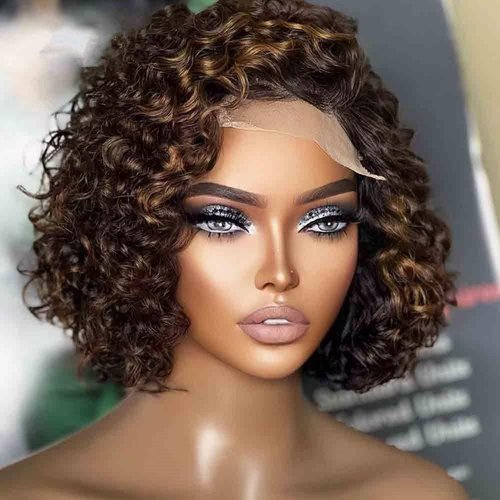 QUINLUX WIGS Short Bob Curly Human Hair Highlight Wigs Pre Plucked 13X4 HD Lace Front Wigs Brazilian Hair Pixie Cut Curly Glueless Wigs For Black Woman 150% Density #1B/27 Short Deep Wave Wig 12Inch