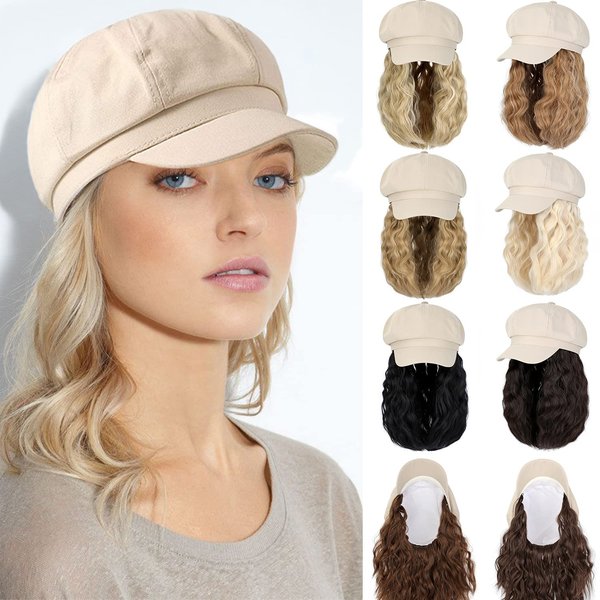 Qlenkay Newsboy Cap with Bob Hair Extensions Khaki Hat Wig 8 Panel Visor Beret Attached Synthetic 14'' Short Curly Wavy Hairpiece for Woman Ash Blonde