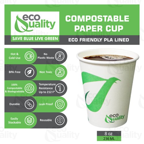 8 oz Compostable Paper Cups - Biodegradable Disposable White Paper Coffee Cups PLA Lined - Eco-friendly Hot and Cold Drinking Cups for Travel, Picnic, Party and Events (500)