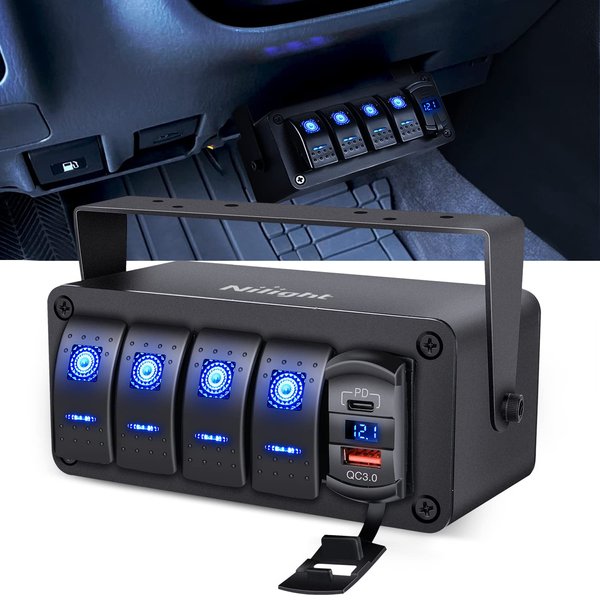 Nilight 4 Gang Rocker Switch Box 12V SPST ON Off Switch PD Type C and QC 3.0 USB Charger Voltmeter Waterproof Aluminum Rocker Switch Panel DIY Stickers for Boats Cars RVs Trucks, 2 Years Warranty