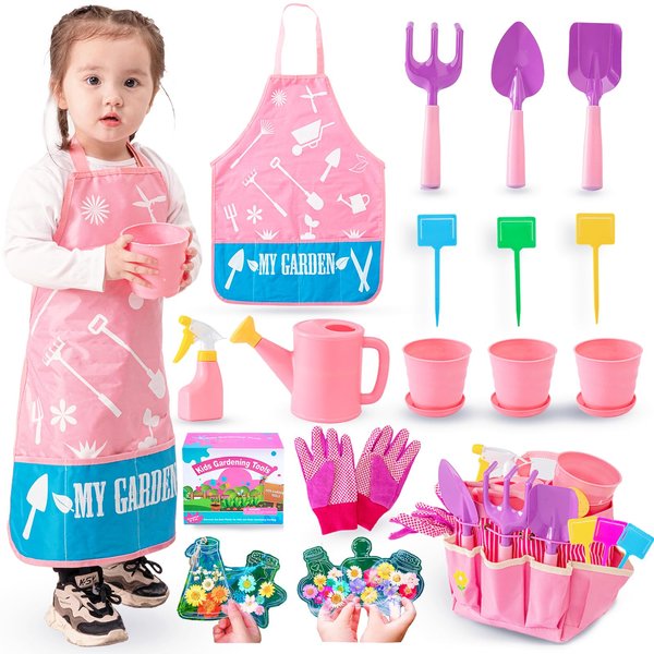 JOI MEW Kids Pink Gardening Tools Set, Garden Toys w/Metal Rake, Shovel, Trowel, Watering Can, Gloves, Tote Bag, Plant pots, DIY Bookmark Kits, Spring Summer Toy Outdoor Gift for Toddler Boy Girl