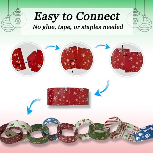 300 Christmas-Themed Paper Chain Strips for Crafting. No Glue or Tape Needed. Kid Friendly & Family Fun. 10 Winter Patterns. Yields Over 50 Feet of Paper Chains for Party Decorations (Christmas)